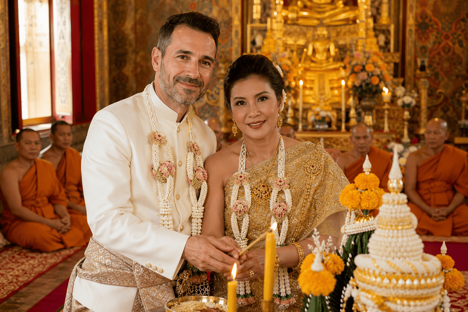 Deutsche und Thai heiraten in einem buddhistischen Tempel in Thailand